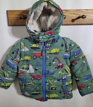 Mini Boden Kids 2 in 1 Green Construction Vehicles Puffer Jacket Or Vest, Sz 4-5
